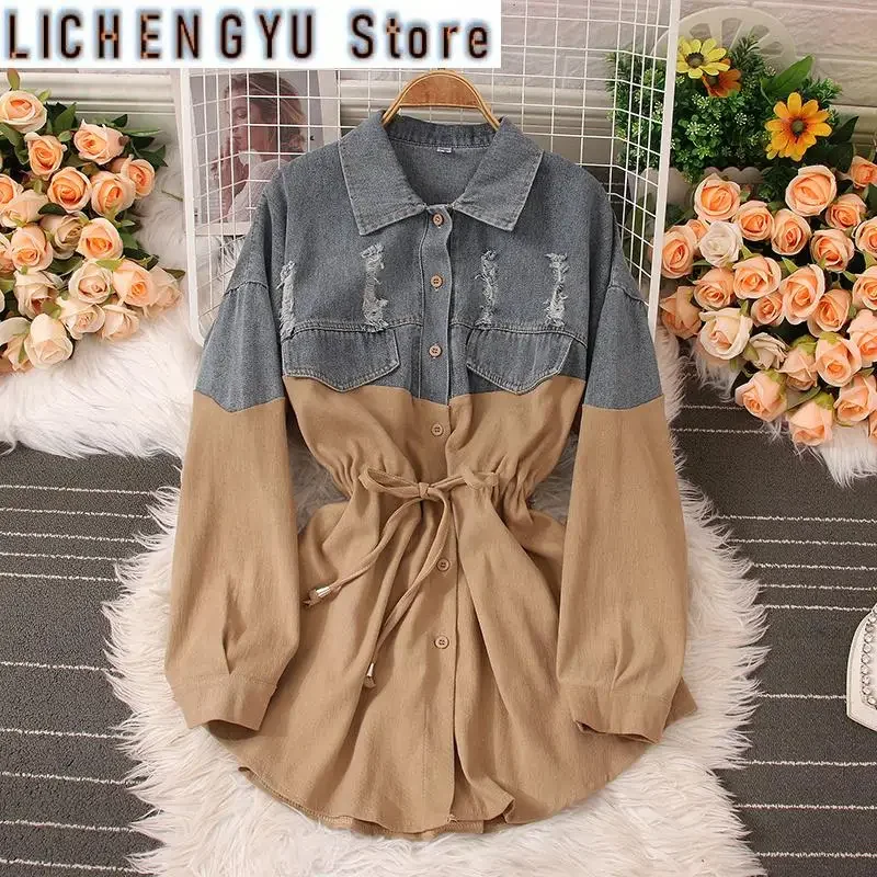 

New Korean Chic Jeans Patchwork Turn-down Collar Vestido Women Sweet Shirring Lace-up Mini Dress Tide Spring