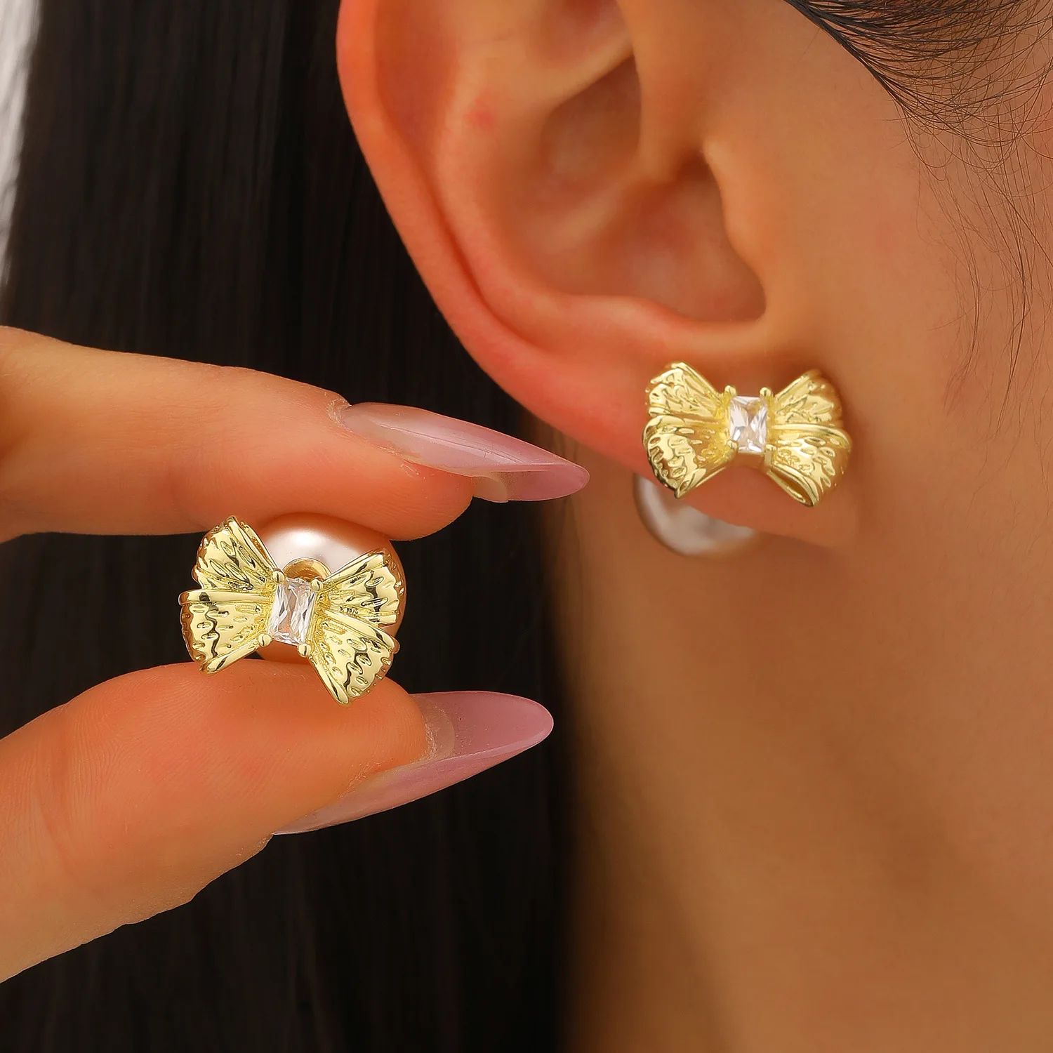 Gold Color Bow & Pearl Drop Earrings - 2-in-1 Reversible Design with CZ Crystal, Elegant French Style Jewelry for Women Girls