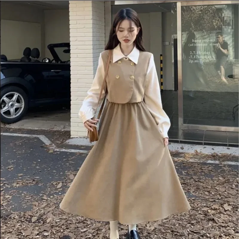 

Long Sleeved Dress Vintage Chic Design Fake Two-piece Dress Women's Korean Streetwear Medium Length A-line Dresses