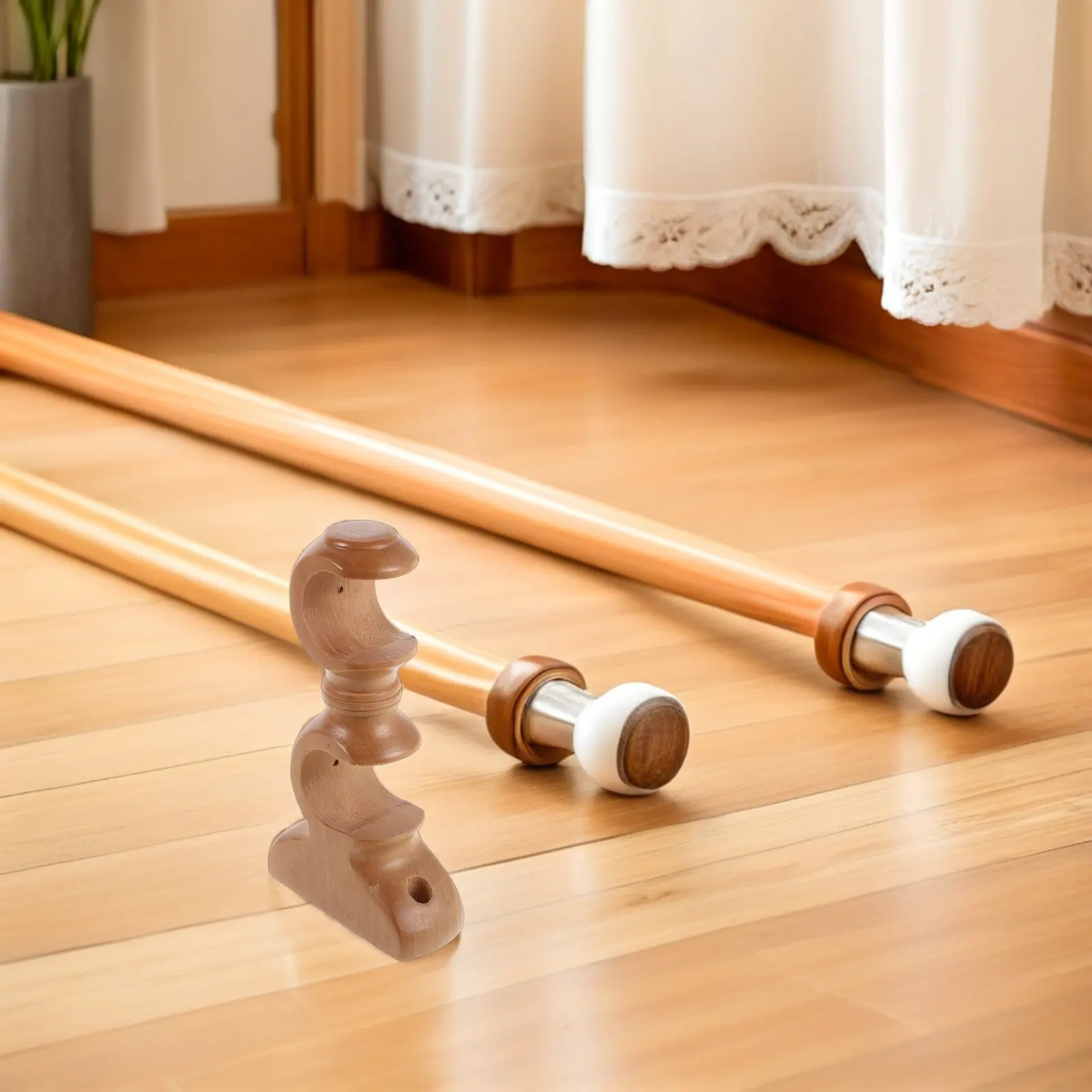 2Pcs Double Curtain Rod Wood Brackets Wall Mount Window Drapery Supports Natural Wood Decorative Roman Rod Base Bedroom Kitchen