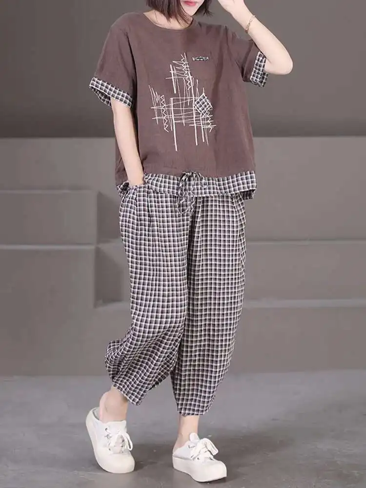 Amax LuluE Summer Linen Suits 2024 Womens Leisure Two Pieces Sets Loose Embroidery Tops Tees Big Size Plaid Pants Cotton Outfits