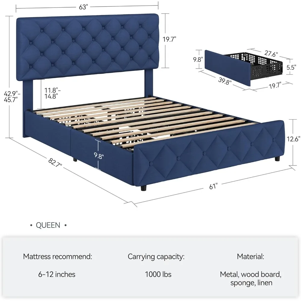 Queen Size Bed Frame with 4 Storage Drawers, Linen Upholstered Platform Bed Frame with Adjustable Headboard, Diamond Stitched