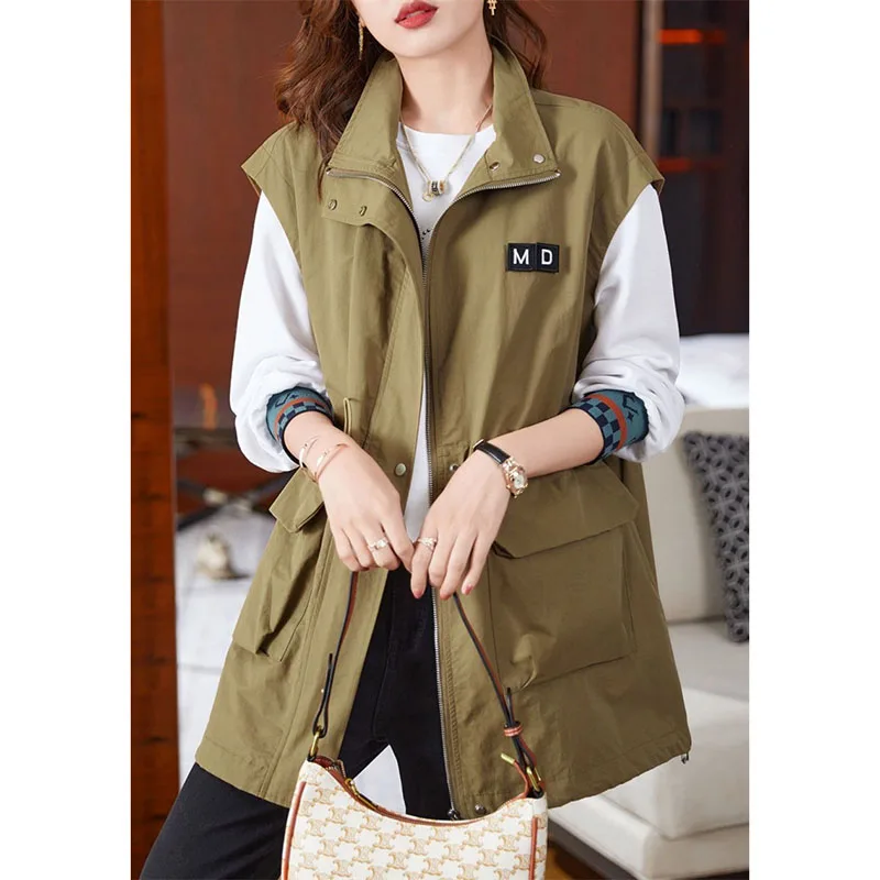 

2024 Plus Size Tooling Wind Rope Waist Vests Windbreaker Coat Loose Women's Vest New Spring Autumn Waistcoat Sleeveless Tops