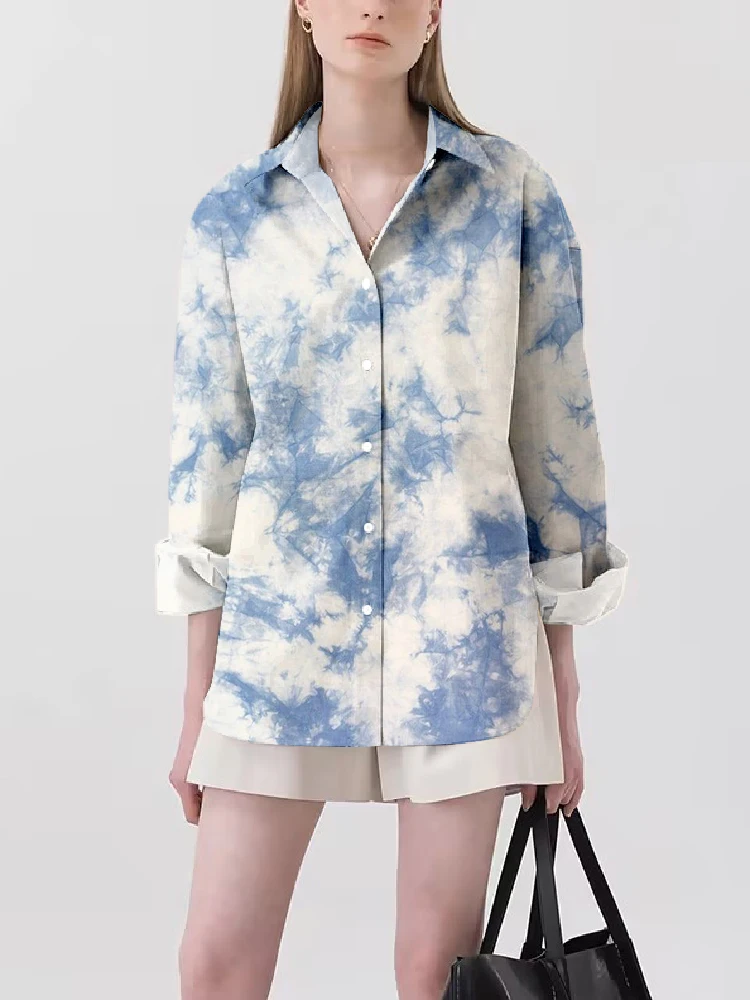 Simple Tie-dye Print Women's Shirt Jacket Lapel Long-sleeved Shirt Casual Trend Shirt Top Suitable For All Occasions Clothing