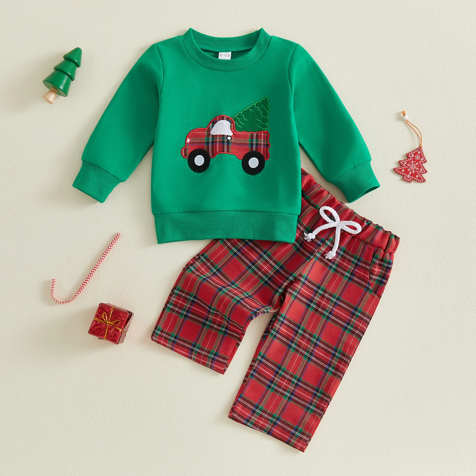 Toddler Boy Christmas Outfit Long Sleeve Sweatshirt and Plaid Pants Set