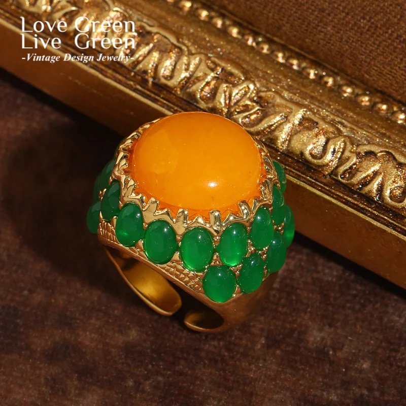 

Vintage Round Natural Stone Yellow Rings Glaze Surround For Woman Gold Color Quality Luxury Jewelry Designer Gifts Wedding 2025