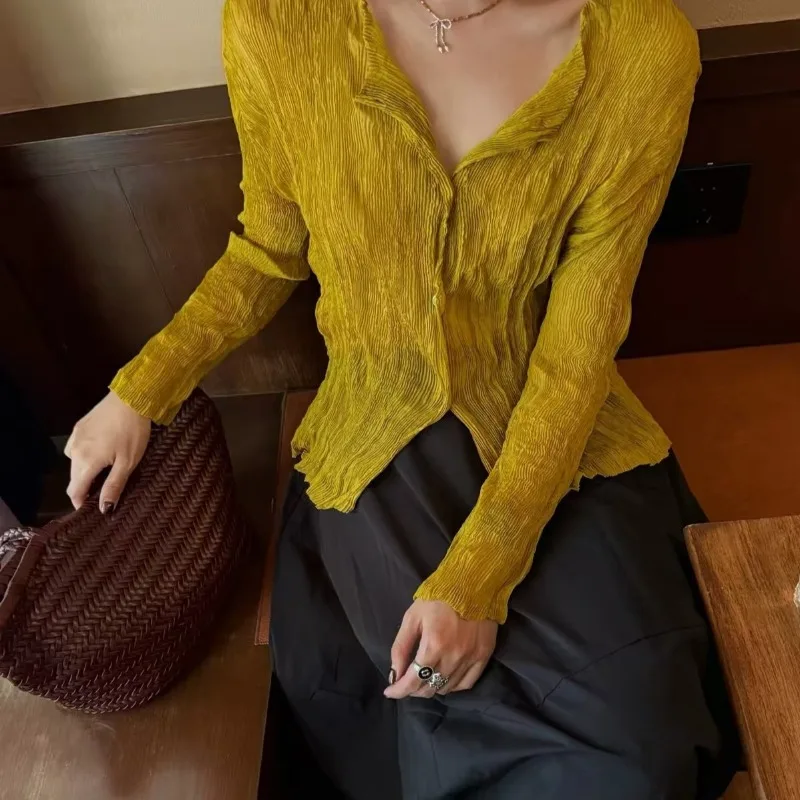 Miyake Pleated Shirt Women Solid Willow Pattern Single Row Multi-Button Pleats Shirt High-Quality Elegant Versatile Women's Top