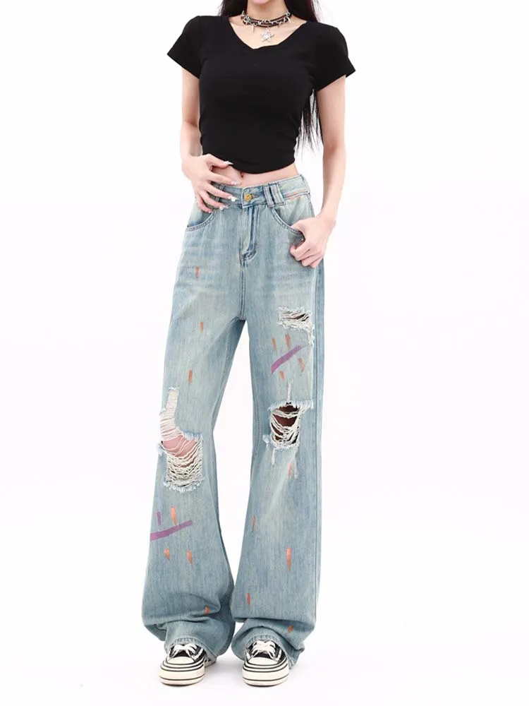 

Casual High Waisted Ripped Denim Graffiti Loose Wide Leg Pants 2024 New Fashionable Women'S Clothing