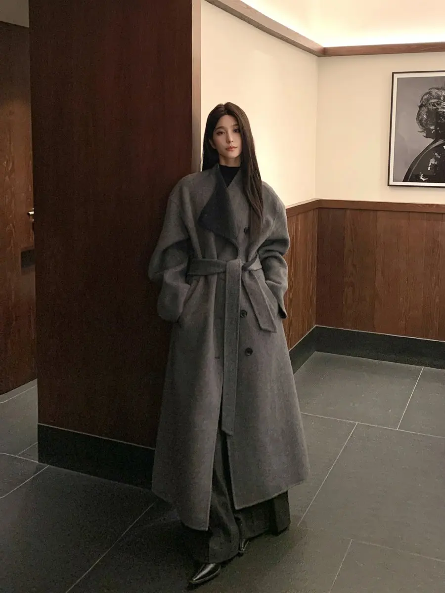 

Double-Sided Woolen Coat ey And Bla Color Blo Long Design Women's Jaet Street Sle Long Sve Single Button Closure