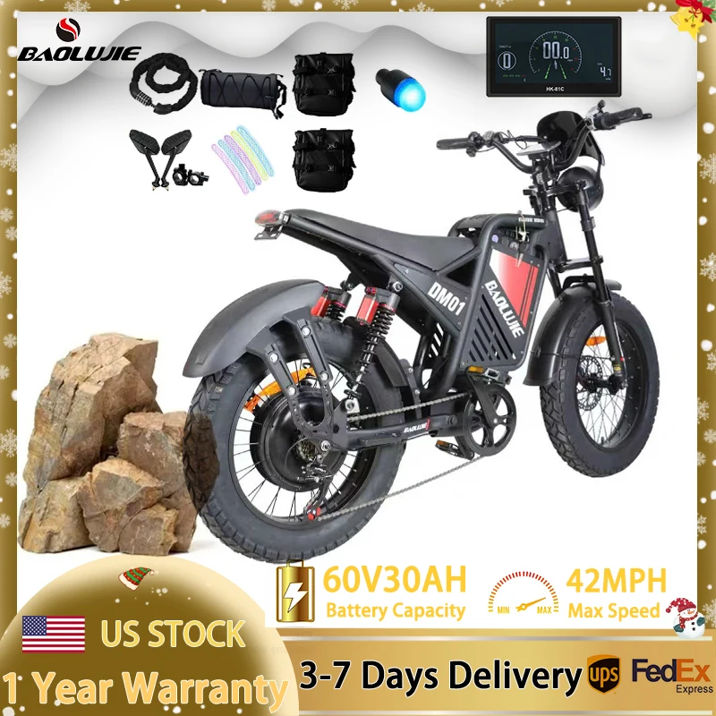 

BAOLUJIE Electric Bike for Adults Electric Bicycle 60V30AH E Bike 20" Mountain 42mph Peak 3000W Mountain Bike Electric Dirt Bike