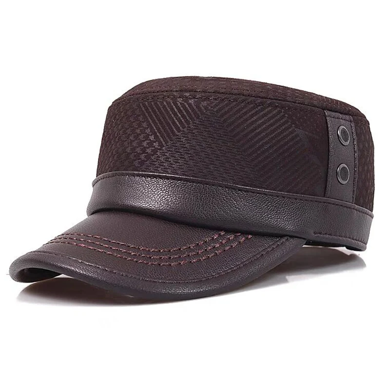 

2024 New Men Spring/Winter Genuine Leather Black/Brown Flat Print Baseball Caps Male 55-60 cm Outdoor Snapback Golf Hat