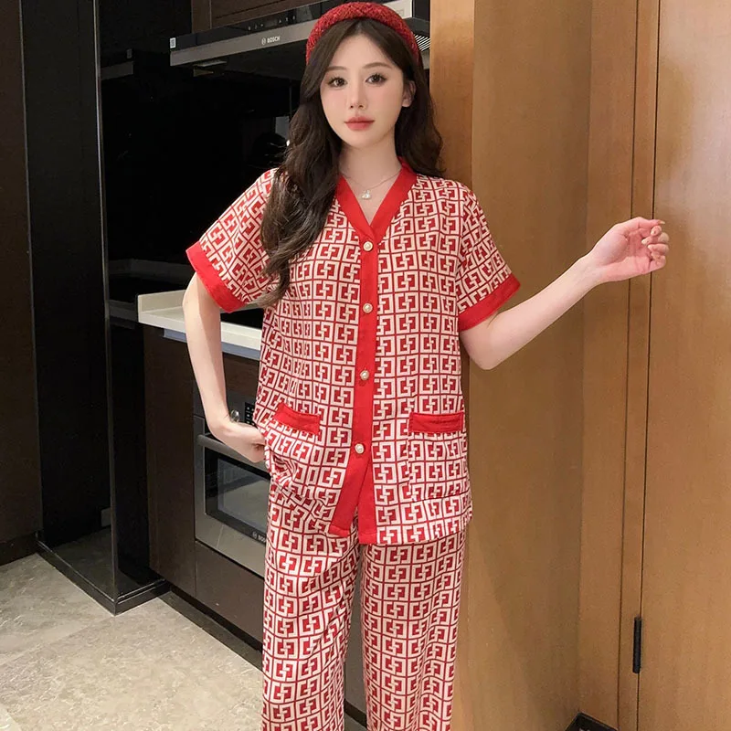 4XL Print Letter Luxury Pajama Set for Women Summer Causal Loose Pyjama Pour Femme Sleepwear Loungewear 2 Piece Women's Pajamas