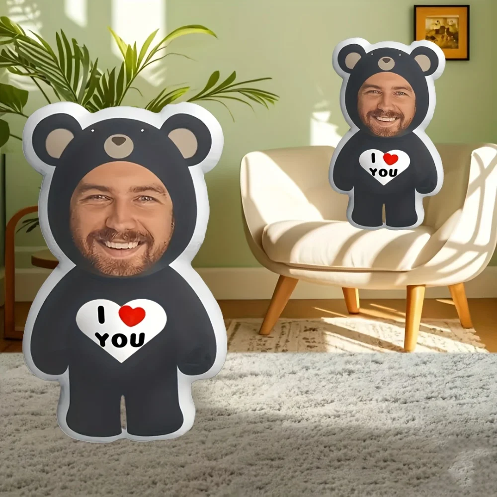 A Special Photo Teddy Bear Pillow - Personalized Double-Sided Printed Plush Pillow with the Words "I Love You" - DIY Fun Face Novelty Cushion, Gray and White Design, Easy to Clean, Unique Gift Suitable for Friends, Family, Must-Have Gift for Halloween, Christmas, Thanksgiving