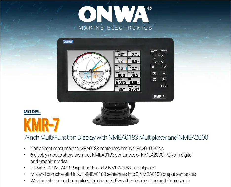 

ONWA KMR-7 7-дюймовый многофункциональный дисплей с мультиплексором NMEA / NMEA0183 / NMEA2000 / ретранслятором анемометра метеостанции