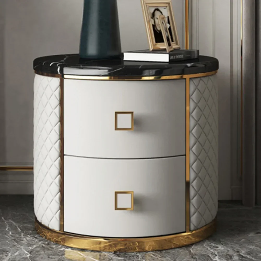 Modern Nightstands Furniture Marble Top Bedroom Side Cabinet Hotel Saddle Leather 2 Drawer Bedside Table