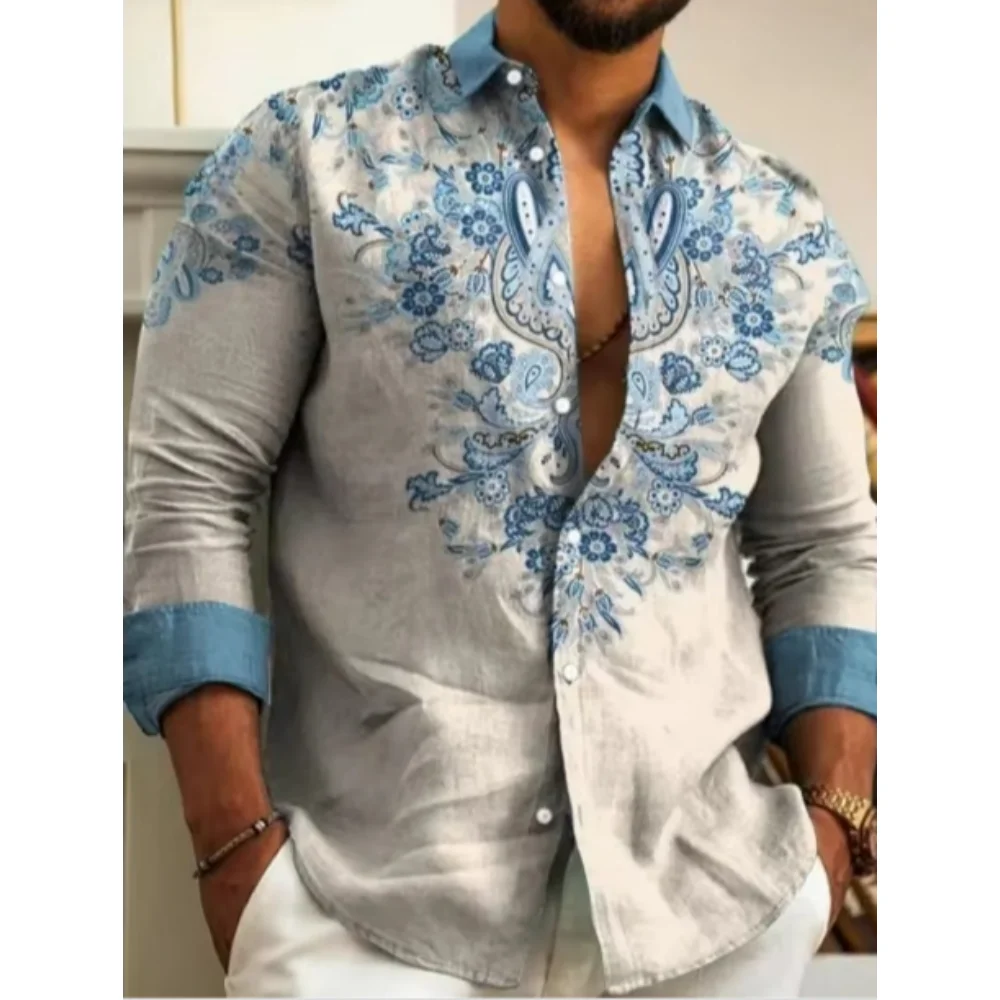 

Men's Linen Long Sleeved Shirt With Printed Shirt Retro Casual Fashion Shirt Comfortable Ethnic Pattern And Pattern Male Top ﻿