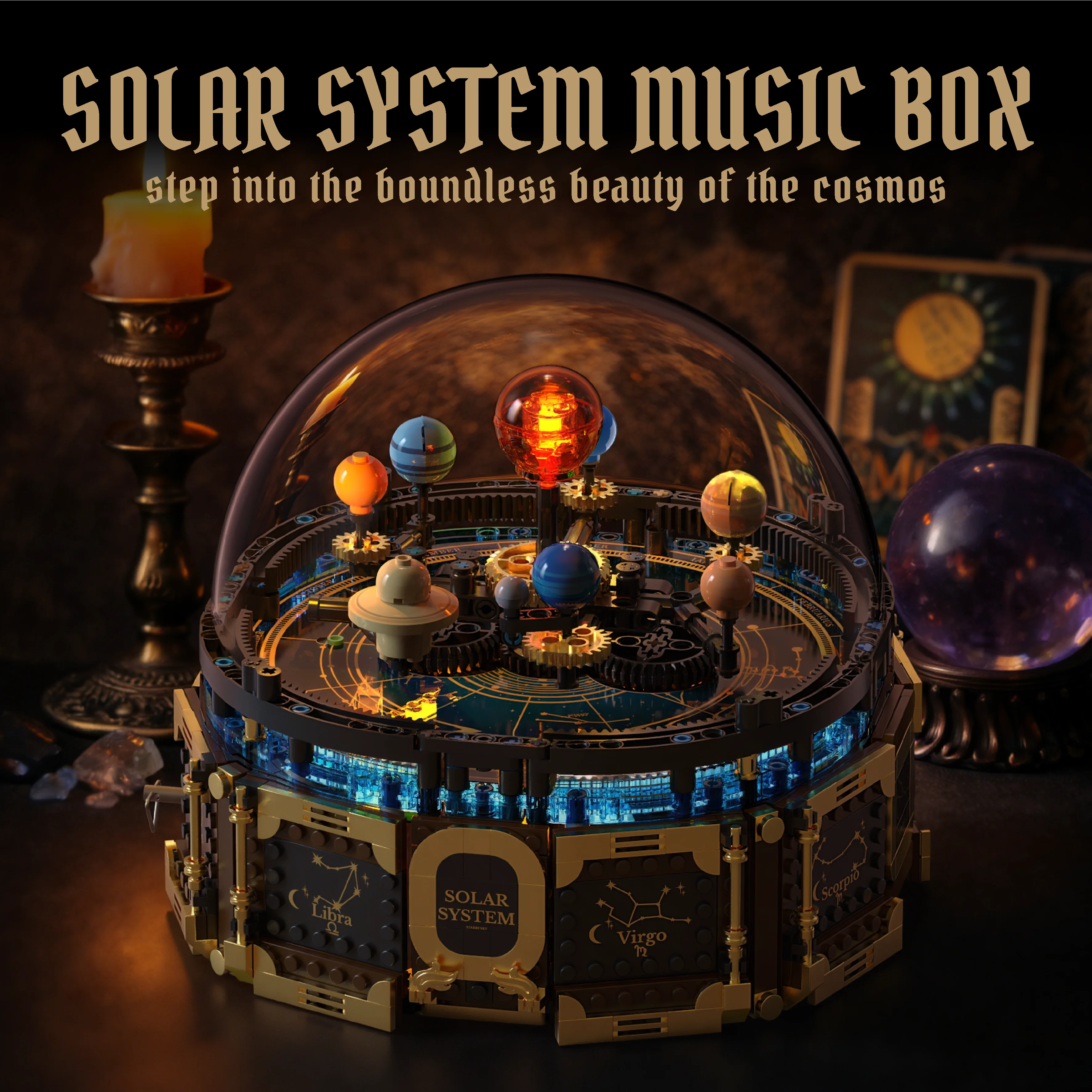 Kit de Bloques de Construcción de la Serie de Exploración Espacial MOC de 989 Piezas, Caja de Música del Sistema Solar Motorizada, con Luces, Regalo para Coleccionistas de Ciencia Ficción