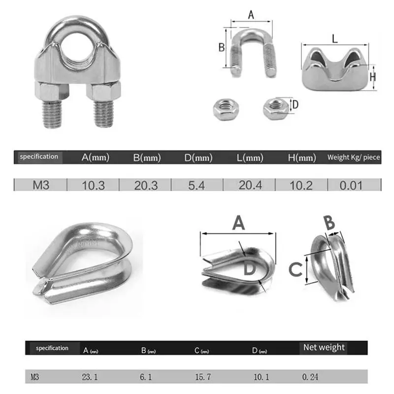 [Y39A]50 Pcs 1/8Inch Wire Rope Kit M3 Metal Wire Rope Cable Clamp and M3 Stainless Steel Thimbles for Wire Rope Rigging