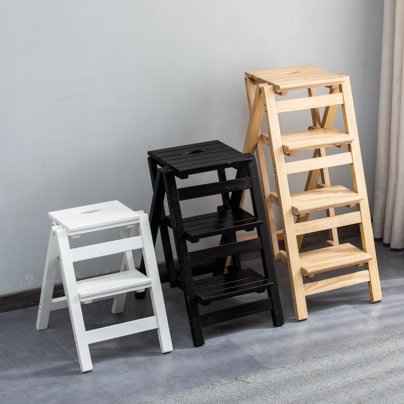 Solid wood multi-functional folding ladder stool two-step three-step ladder chair stool indoor climbing ladder bedroom rack ladd