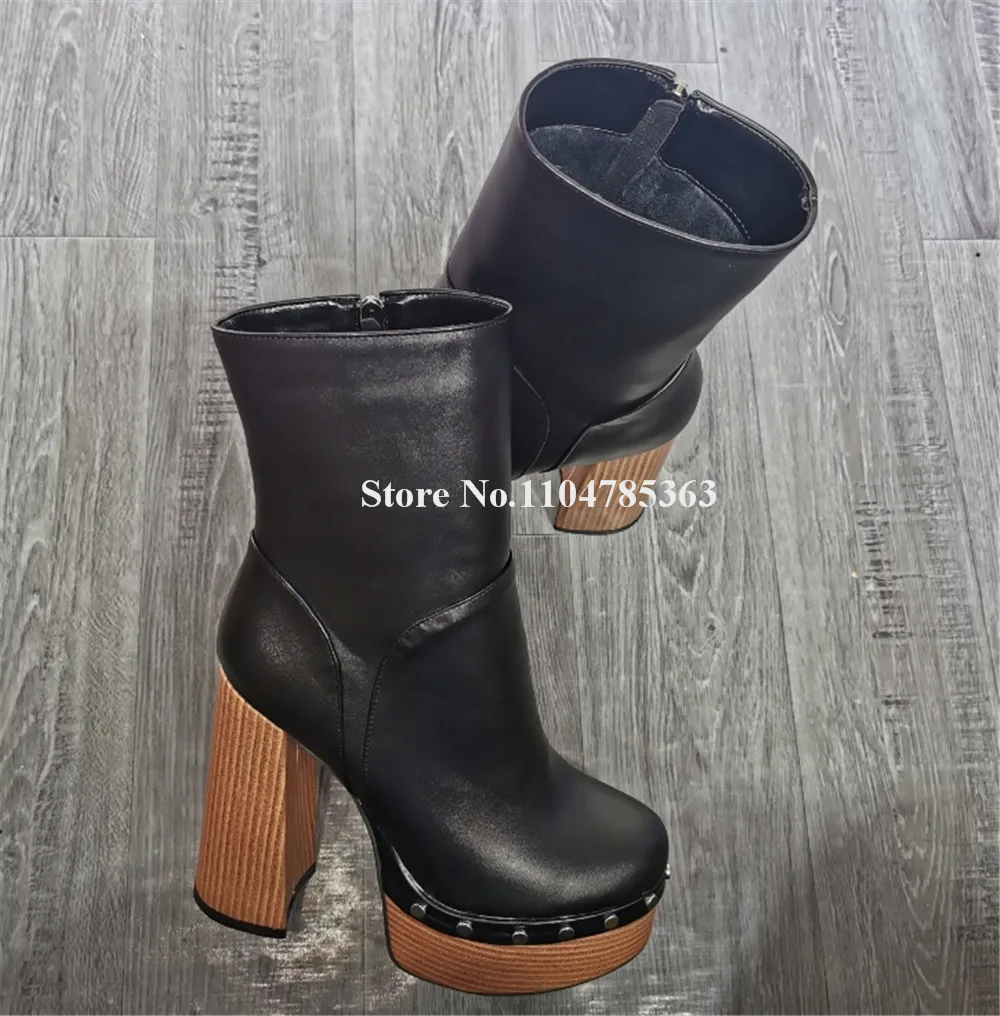 Fashion Wooden High Platform Chunky Short Boots Round Toe Black Pattern Leather Zipper-up Thick Heel Ankle Booties Big Size