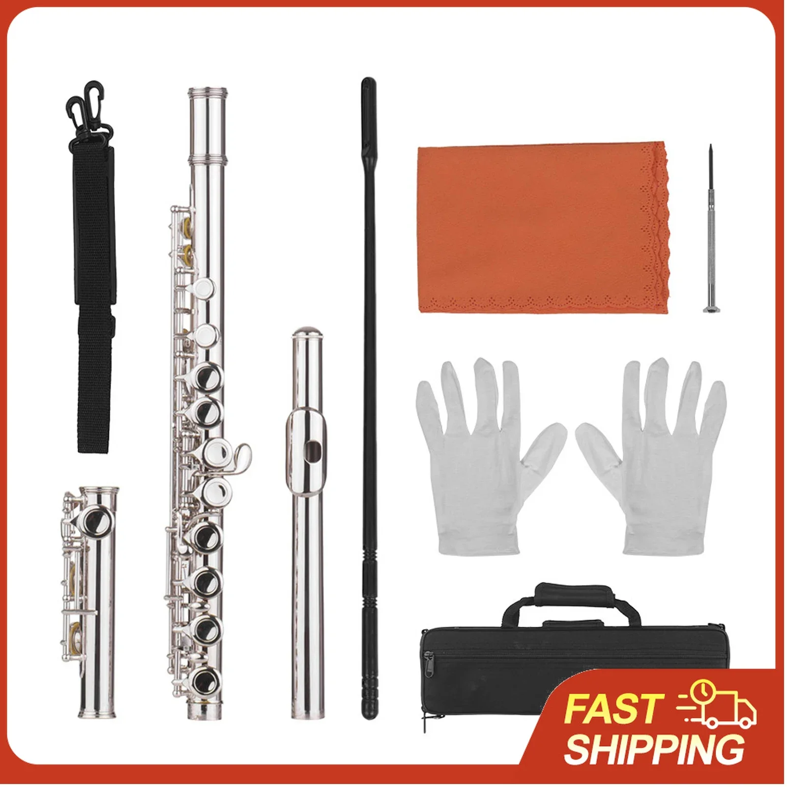 16 Holes Closed Hole Flute C Key Flute Woodwind Instrument with Cleaning Cloth Rod Gloves Screwdriver 16 Holes flute C Key Flute
