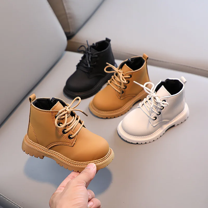 Kids'Boots Solid Color PU Leather Chain Zip Fashion Autumn Shoes For Girls Anti-slip Breathable Black White Shoes Size 21-30