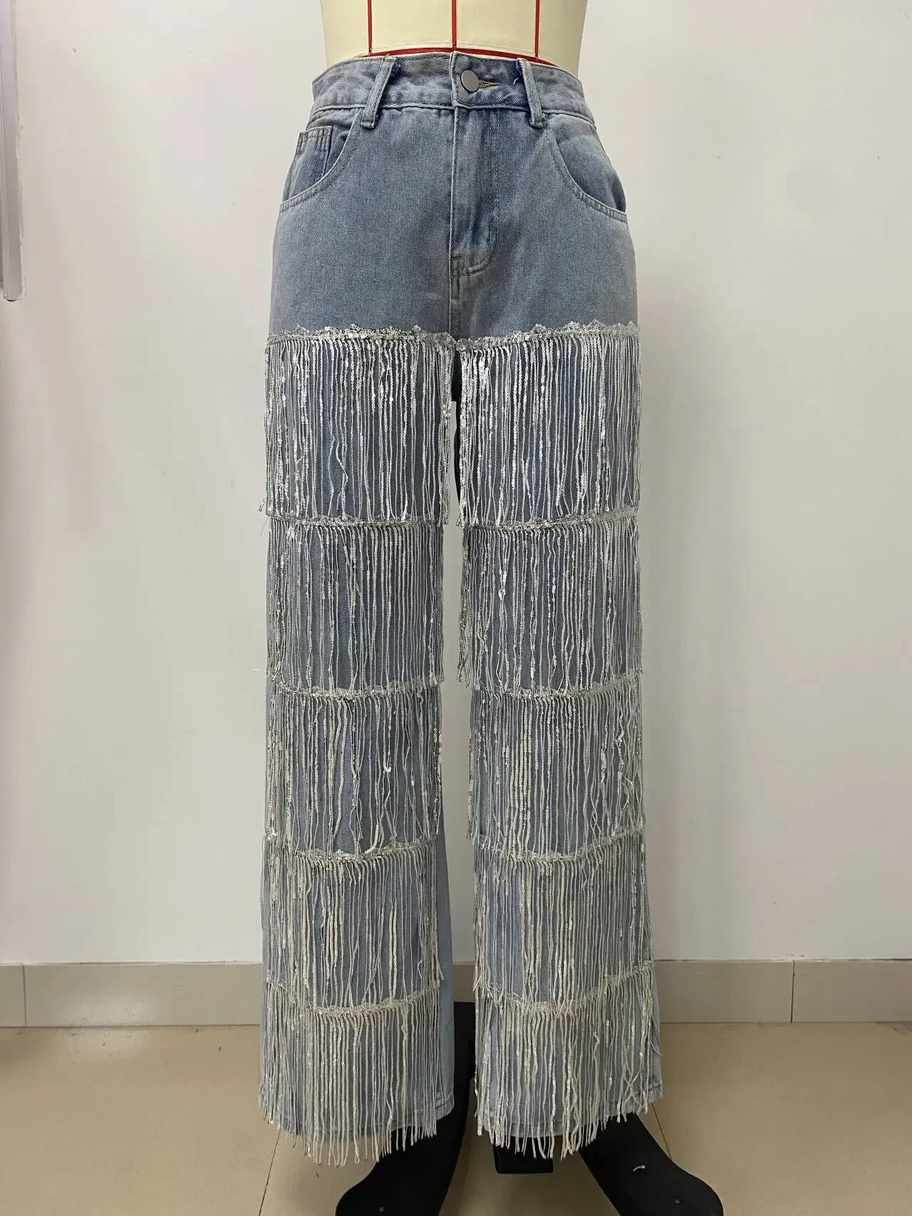 Pantaloni dritti in denim Jeans da donna Tasche con nappe Bottoni a vita alta Pantaloni larghi a figura intera lavati effetto consumato 2025 Streetwear