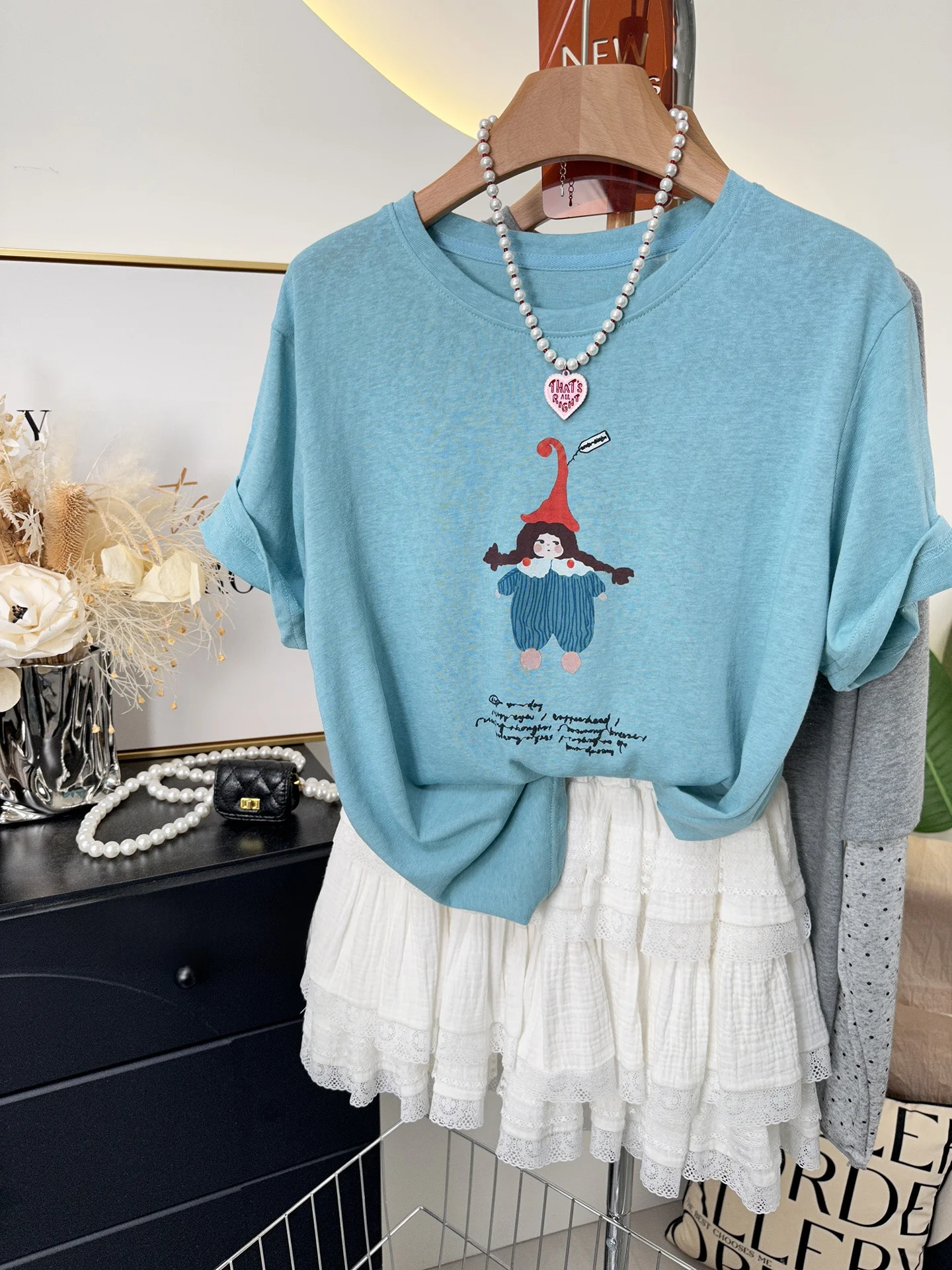 Blue Korean Style Fashionable Snowflake Cotton T-Shirt Women's Loose Thin Summer Top Girl's Printed Casual Breathable Short S...