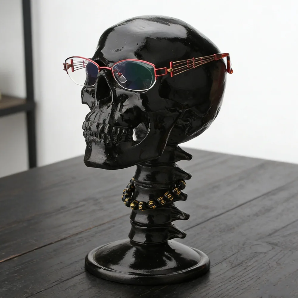 Gothic Black Resin Skull Head with Spine Eyeglass Holder Hat Holder Jewelry Rack Desktop Ornament Halloween Decor Gift