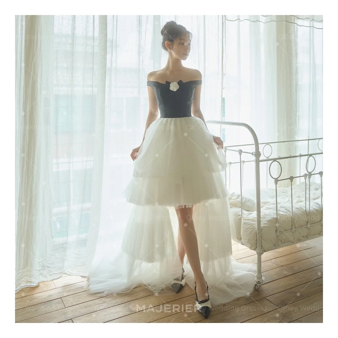 OLOEY 2026 Shiny Black And White Off Shoulder Wedding Dress Korea Photo Shoot A Line Tulle 웨딩드레스  Evening Dresses Customized