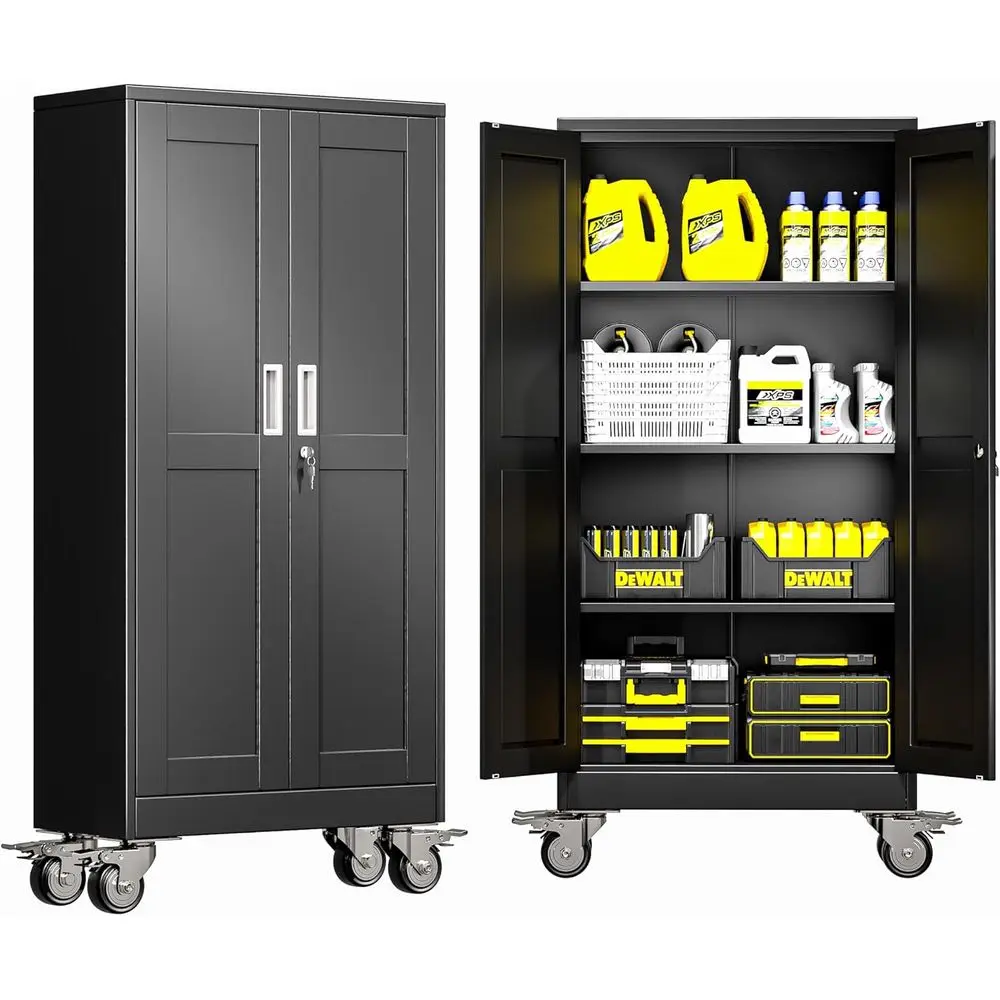 

Металлический гаражный шкаф для хранения с замком, высотой 61 дюйм, с колесами, стальной инструментальный шкаф с 2 дверцами и 3 регулируемыми полками.