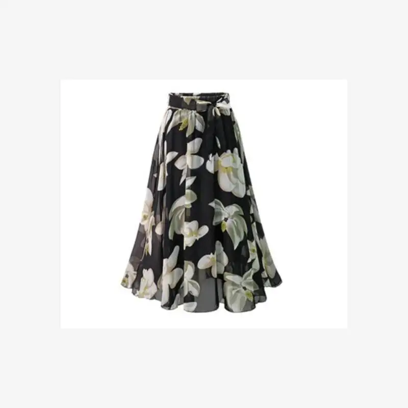 

Летняя шифоновая юбка большого размера с цветочным принтом, 2 цвета, 6 размеров, А-силуэт, уличный стиль, женская мода
