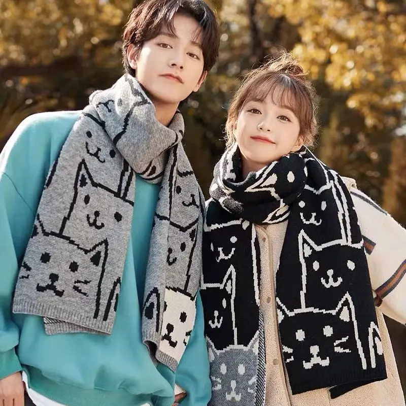 Winter New Couple Scarf Woolen Knitted Male and Female Student Scarf Cat Cute Cartoon Versatile Thickening