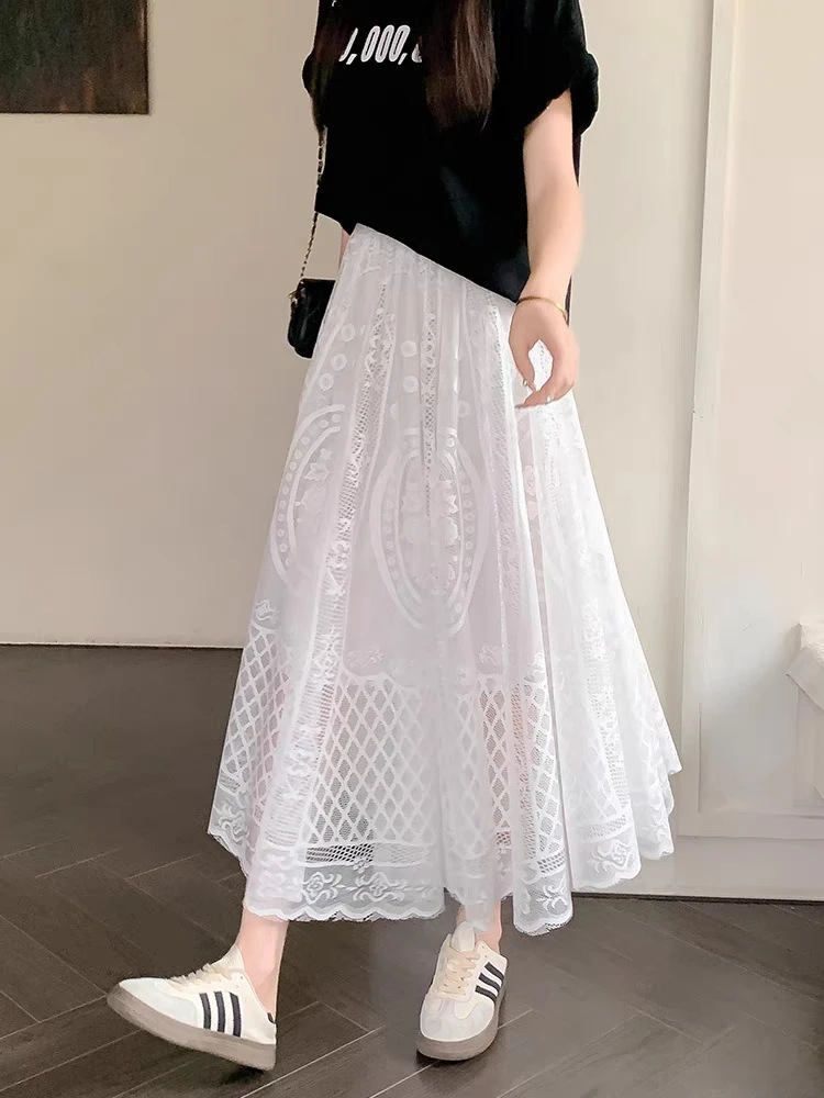 Lace Skirt High Quality Mid-Length Overskirt Women's Spring Summer New Elegant OL High Waist A-Line Slim Look Mesh Skirts Female