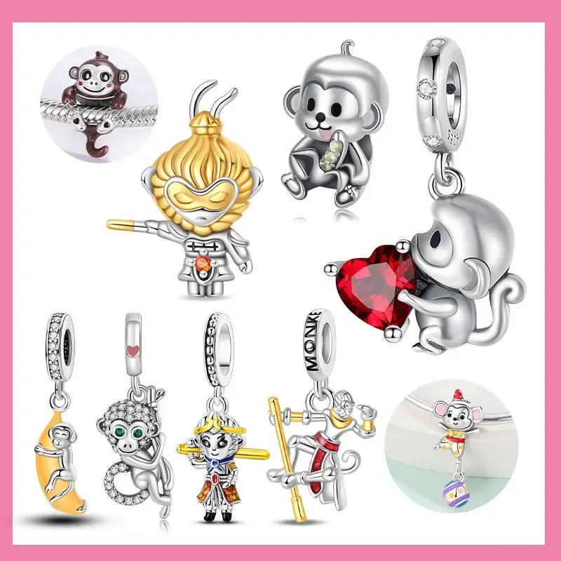 Exquisito colgante de corazón rojo con pequeño mono de Plata de Ley 925, apto para pulseras, collares, emparejamiento de fiesta con regalos hechos a mano