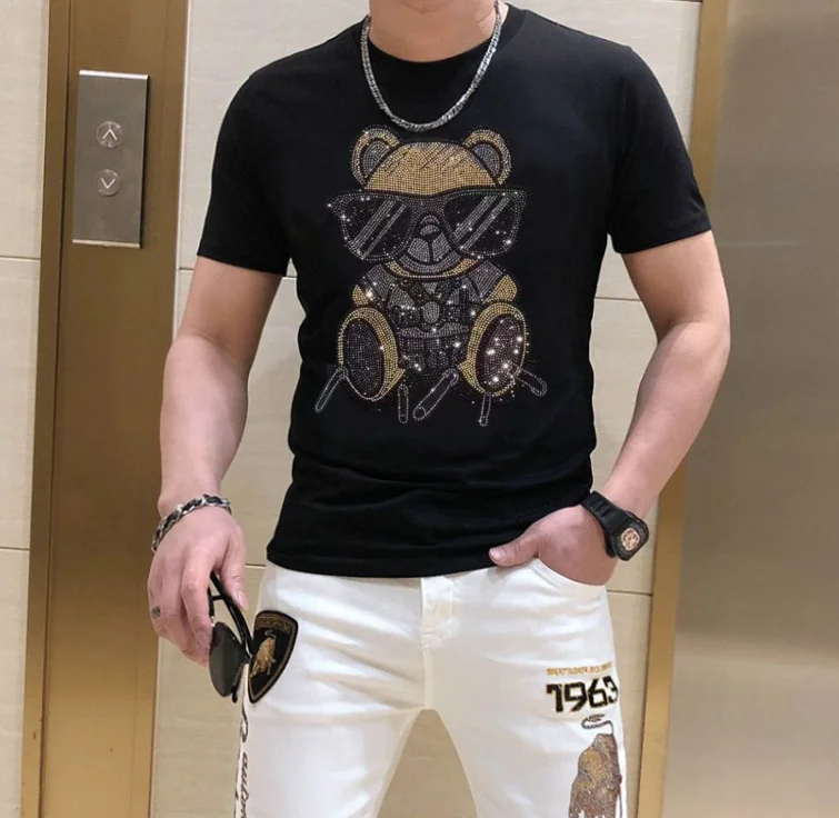 2022 Summer New Designer Rhinestone Mens T-Shirt O-Neck Short Sleeve Tops Men Luxury Clothing Diamond TShirts