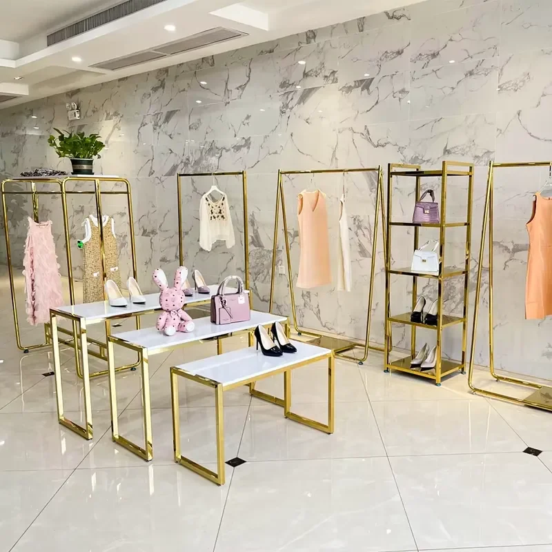 Modern Gold Metal Clothing Display Stand Retail Store Shelf for Garment Exhibition Shining Side Rack Boutique Fashion