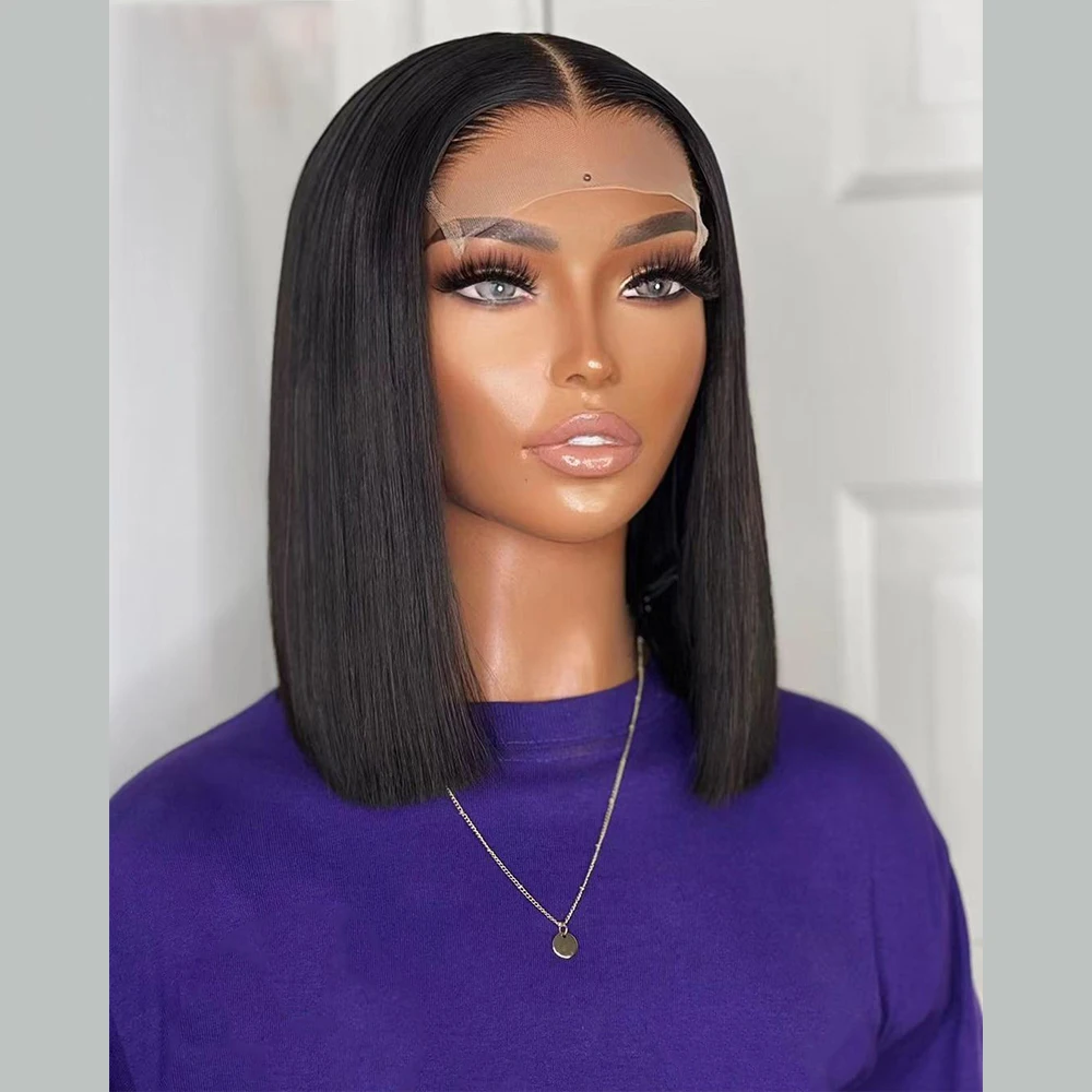 

Natural Black Preplucked Glueless 28Inch 180 Density Short Bob Straight Lace Front Wig For Women With BabyHair Daily Cosplay