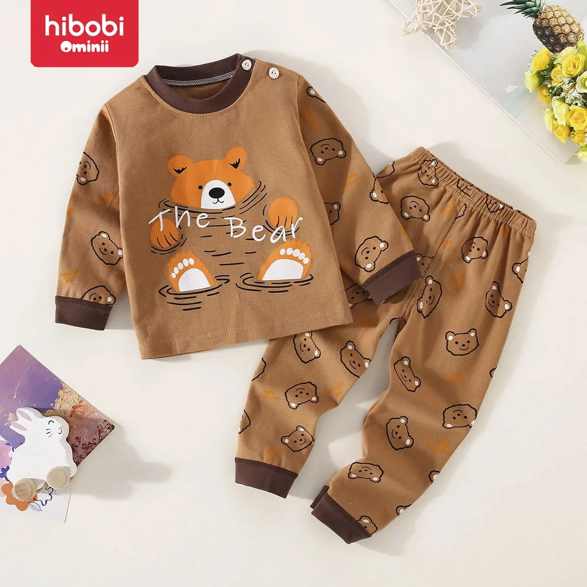 hibobi 2-Piece Toddler Boys Underwear Set Cotton Lettering And Bear Pattern Long Sleeve Top And Matching Pants Pajama Set