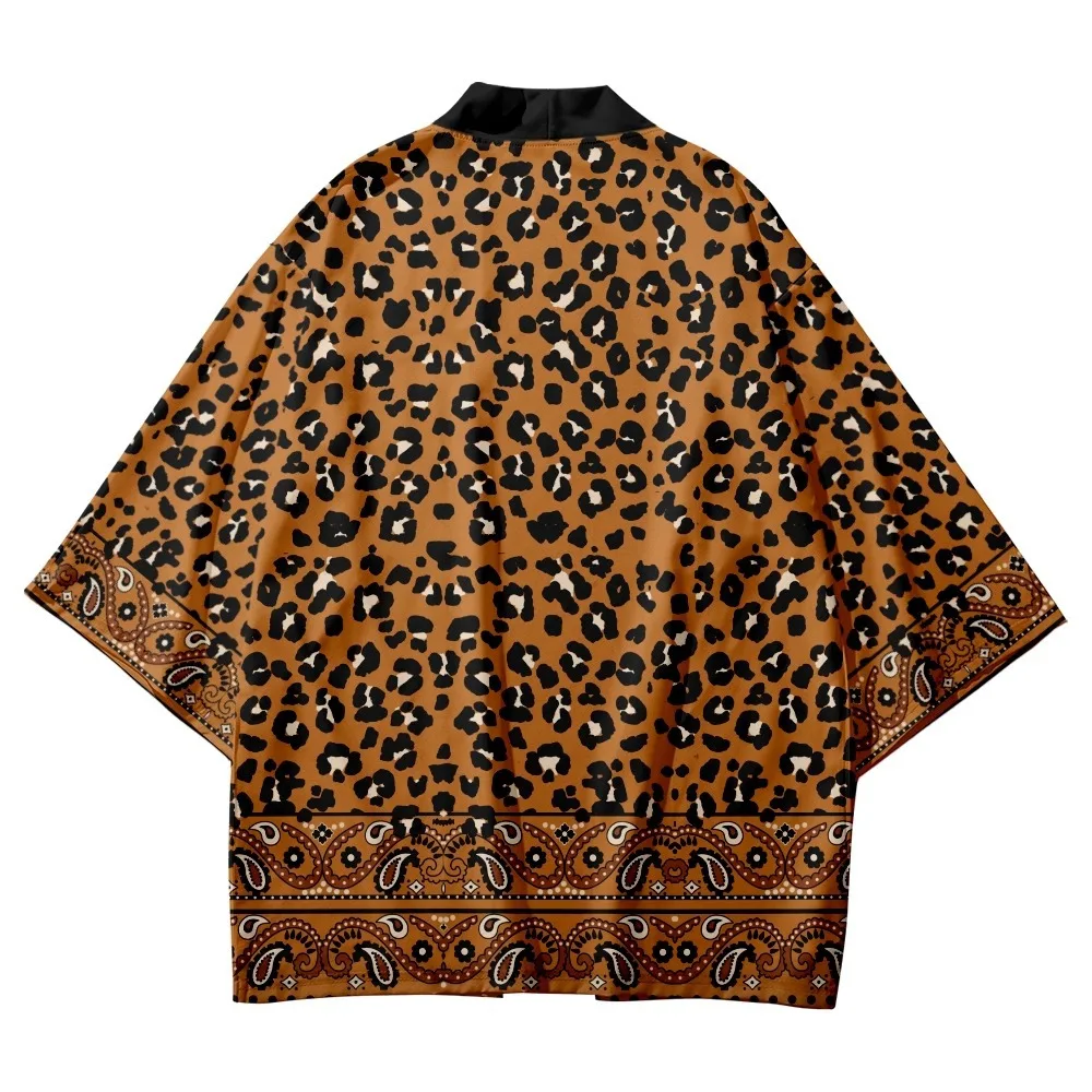 Leopard print yukata para homens e mulheres, quimono, cardigã, haori, asiático, praia, harajuku, japonês, cosplay