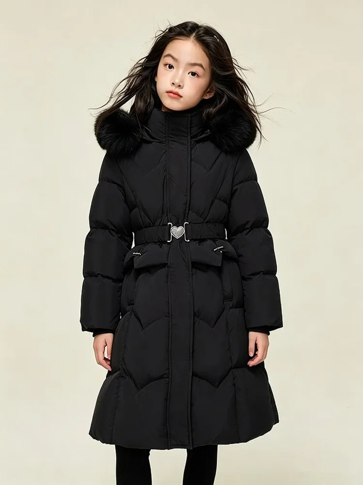 Langer Winter-Daunenmantel für Mädchen mit großer Kunstfellkapuze, Kinder-Taillengürtel, warme Pufferjacke für Mädchen, Schnee-Oberbekleidung A5107 – Detail 9