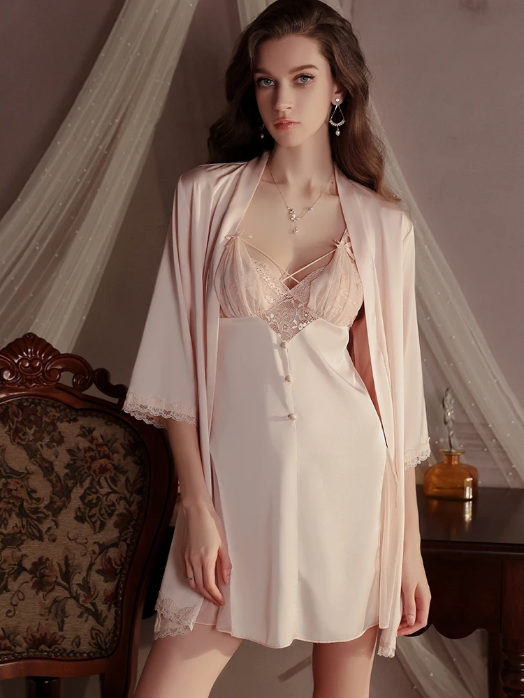 

Sweet Temptation Lace Sexy Pure Desire Enhanced Chest Pad Silk Sleepwear Robe Home Clothes Sleepwear Set4528