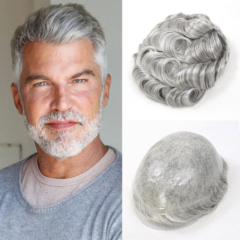 

0.06-0.08mm Full PU Men's Toupee Skin Human Hair Capillary Prosthesis 30mm Wave Man Wig Replacement System Grey Male Hairpiece