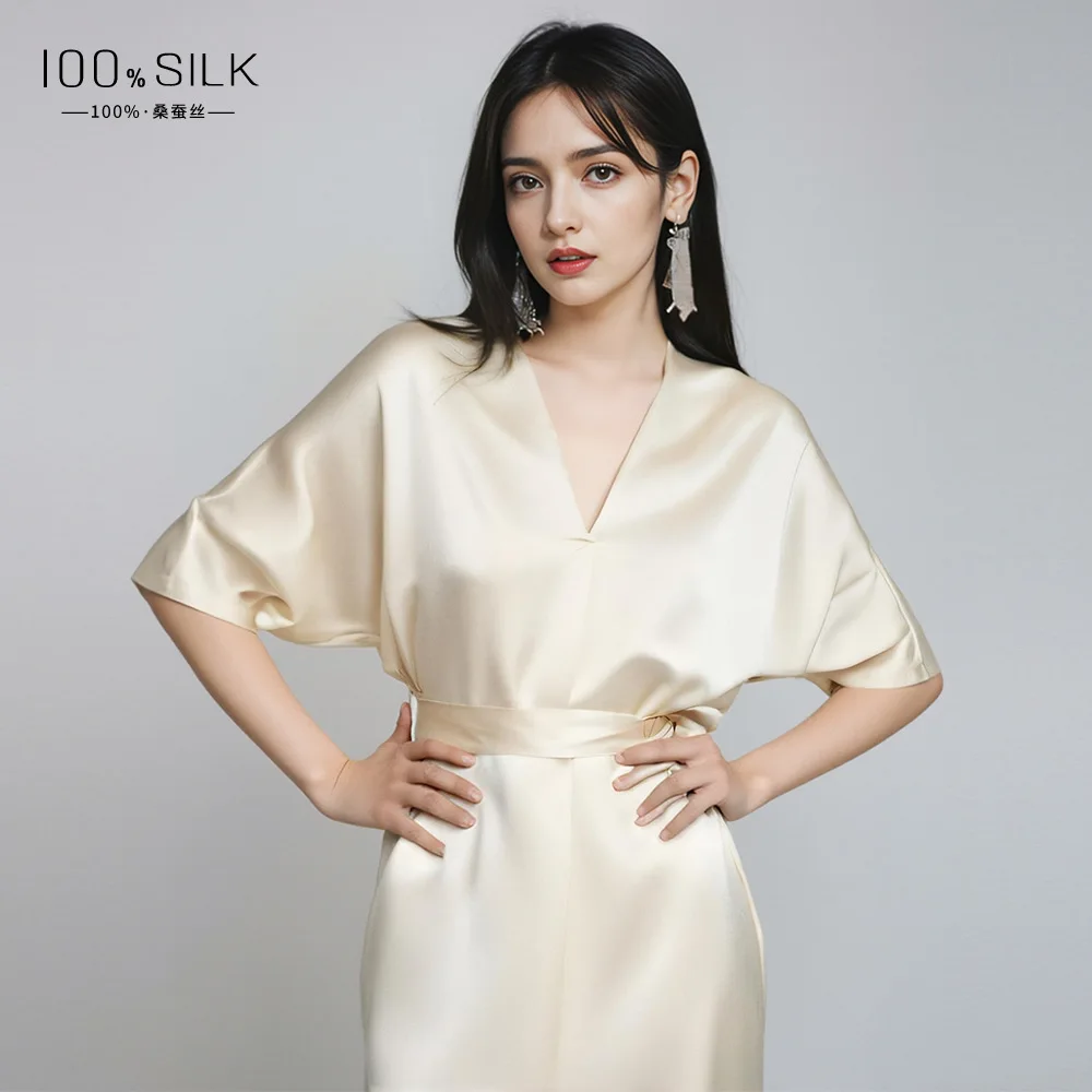 100% Mulberry Silk Kimonos Women Nightgowns Bride Robe 19MM Heavy Silk Sexy Nightgown Robe Women's Summer V Neck Short Bath Robe