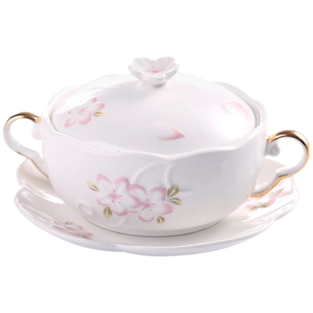 

1Set Multi-Function Double Handle Soup Bowl Exquisite Ceramic Heat-Resistant Baking Stew Pot Decorative Dessert Storage