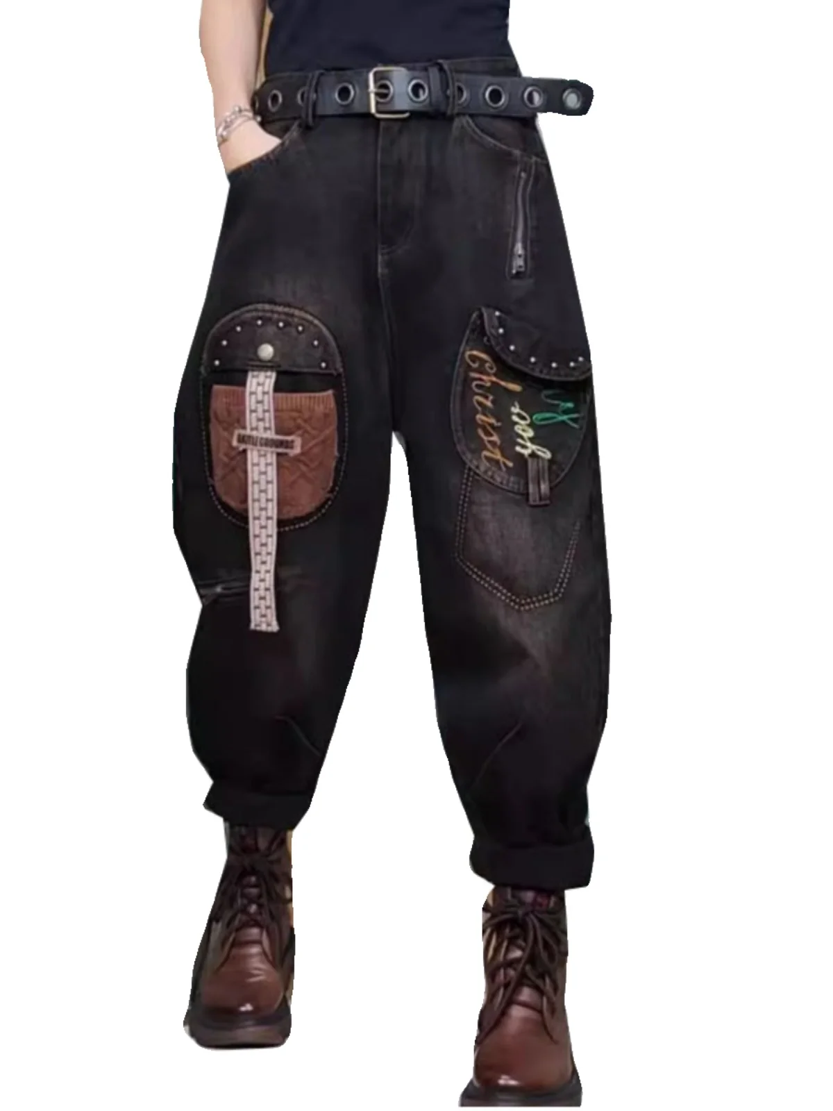 

Модные женские шаровары с бисером, свободные брюки с высокой талией, хлопковые эластичные джинсы в стиле ретро, универсальные повседневные свободные джинсы