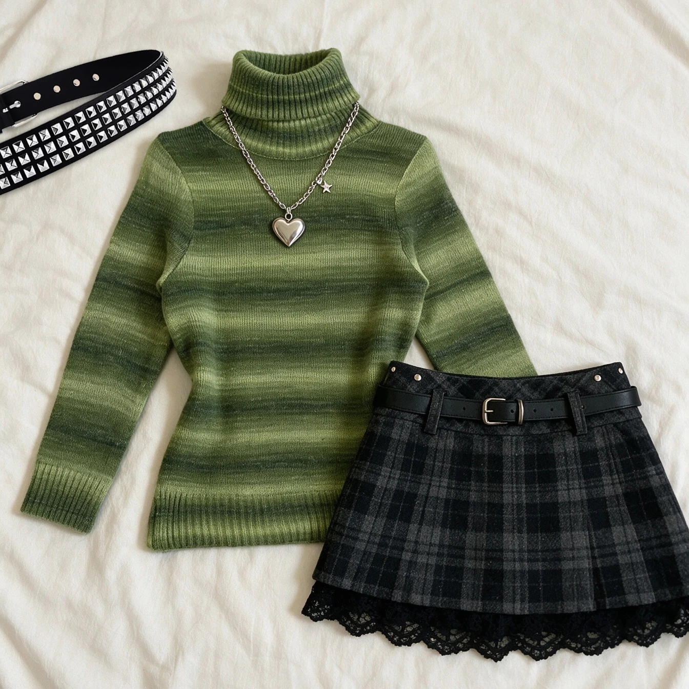 Women Gradient Green Striped Turtleneck Sweater Y2K Slim Ribbed Knit Pullover Harajuku Alt Aesthetic Long Sleeve Warm Basic Unde