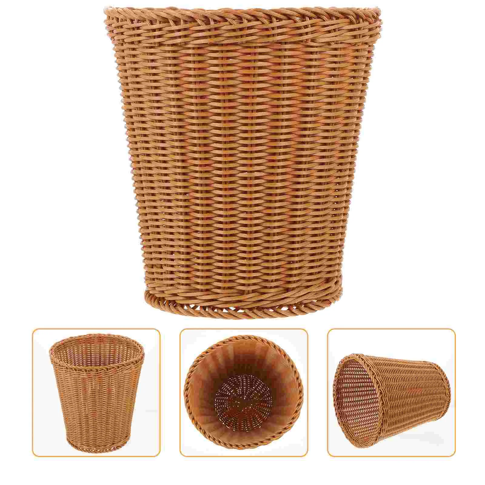 Can Rattan Trash Laundry Basket with Lid Plastic Woven Wastebasket Brown Wastepaper