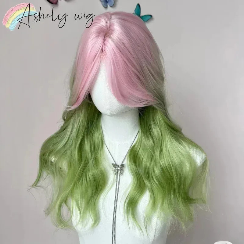 أومبير الوردي الأخضر شعر مستعار للنساء مانا معبد كانروجي ميتسوري كوس شاولومي الوردي الأخضر طويل مجعد شعر مستعار الإناث رئيس الباروكات