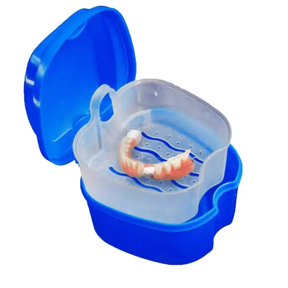 

2 Pack Colors Denture Bath Case Cup Box Holder Soak Container with Strainer Basket for Travel Cleaning (Light Blue and Blue)